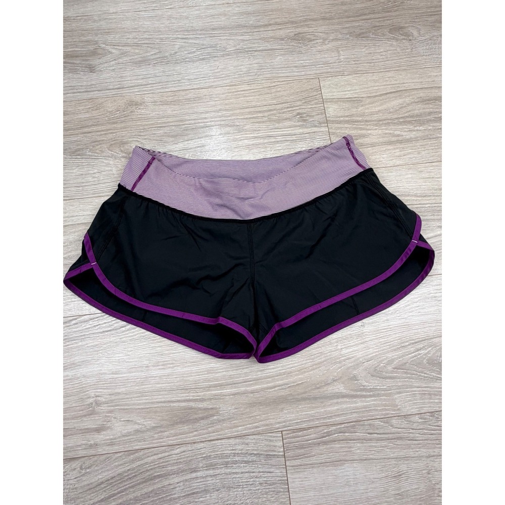 Lululemon Speed Short Black Purple Striped Running Shorts Size 8 Zipper‎ Pocket